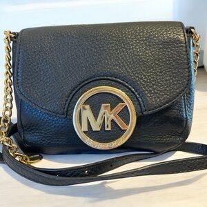 Michael Kors Fulton Pebbled Leather Crossbody Bag in Black and Gold